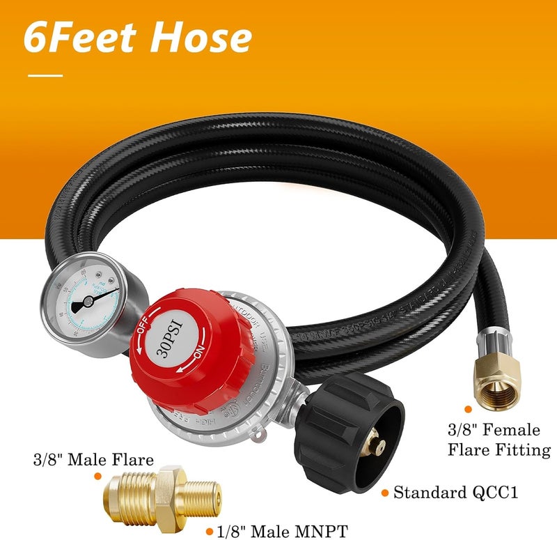 NUPICK 6FT 0-30 PSI Adjustable High Pressure Propane Regulator with 0~60PSI Gauge Gas Flow Indicator，Propane Regulator with Hose for LP Gas Cooker, Burner, Turkey Fryer, Smoker - Image 2